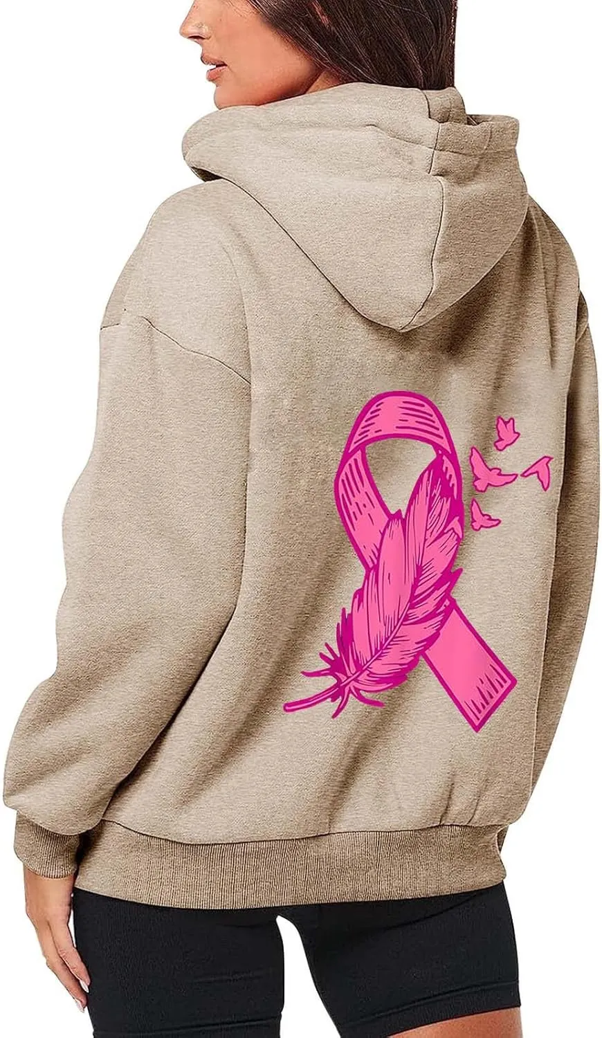 Breast Cancer Awareness Hoodies for Women Pink Ribbon Heart Graphic Sweatshirts Oversized Zip Up Hooded Tops