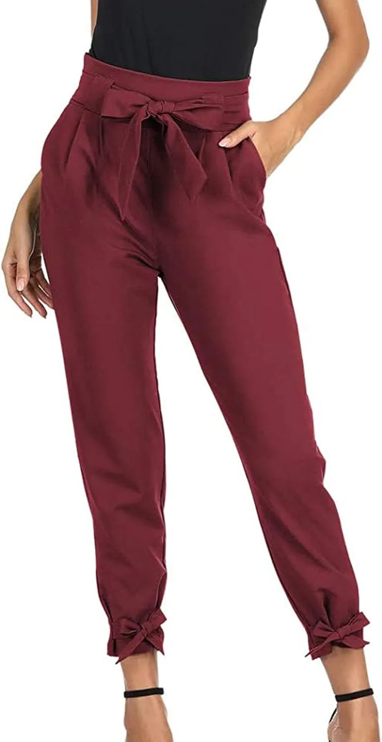 Business Casual Outfits for Women High Waist Pencil Pants with Pockets Bow-Knot Cropped Paper Bag Pants for Work