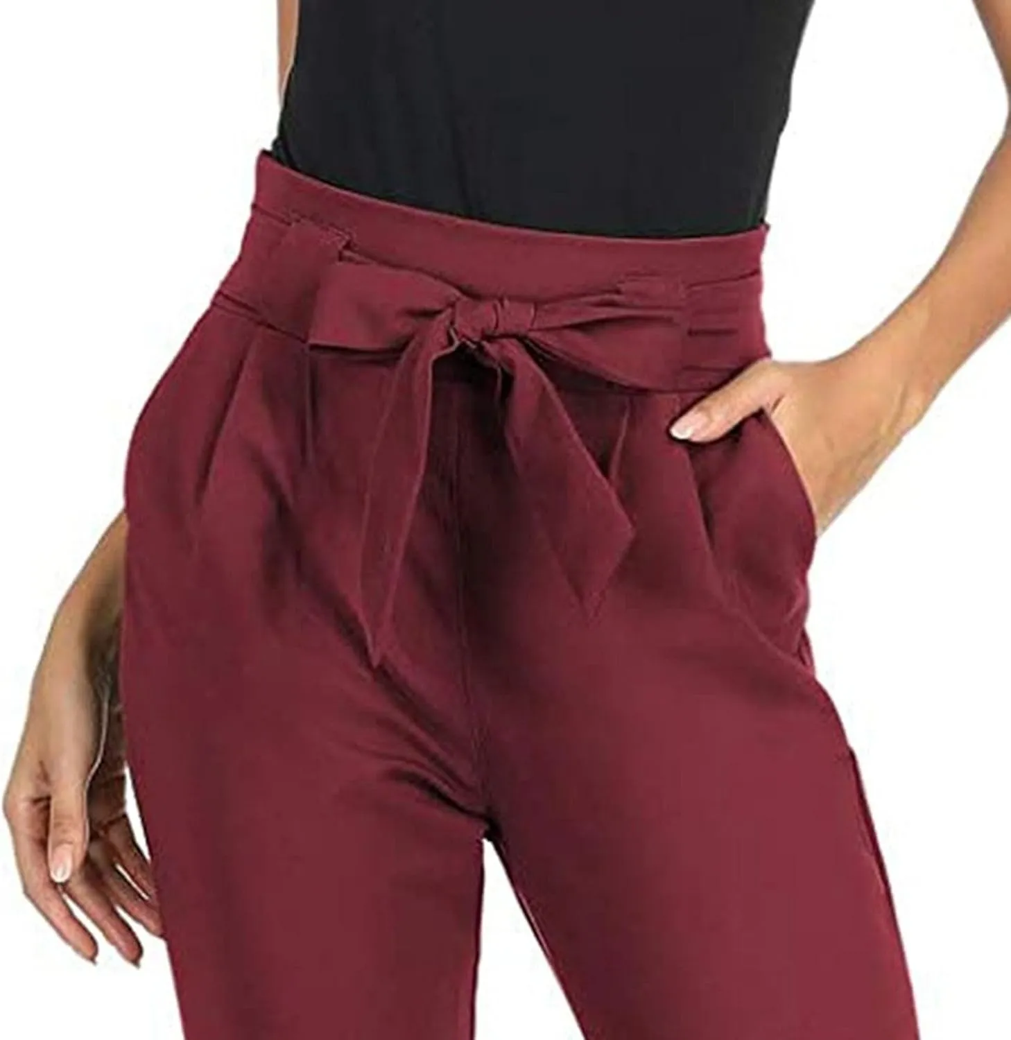 Business Casual Outfits for Women High Waist Pencil Pants with Pockets Bow-Knot Cropped Paper Bag Pants for Work