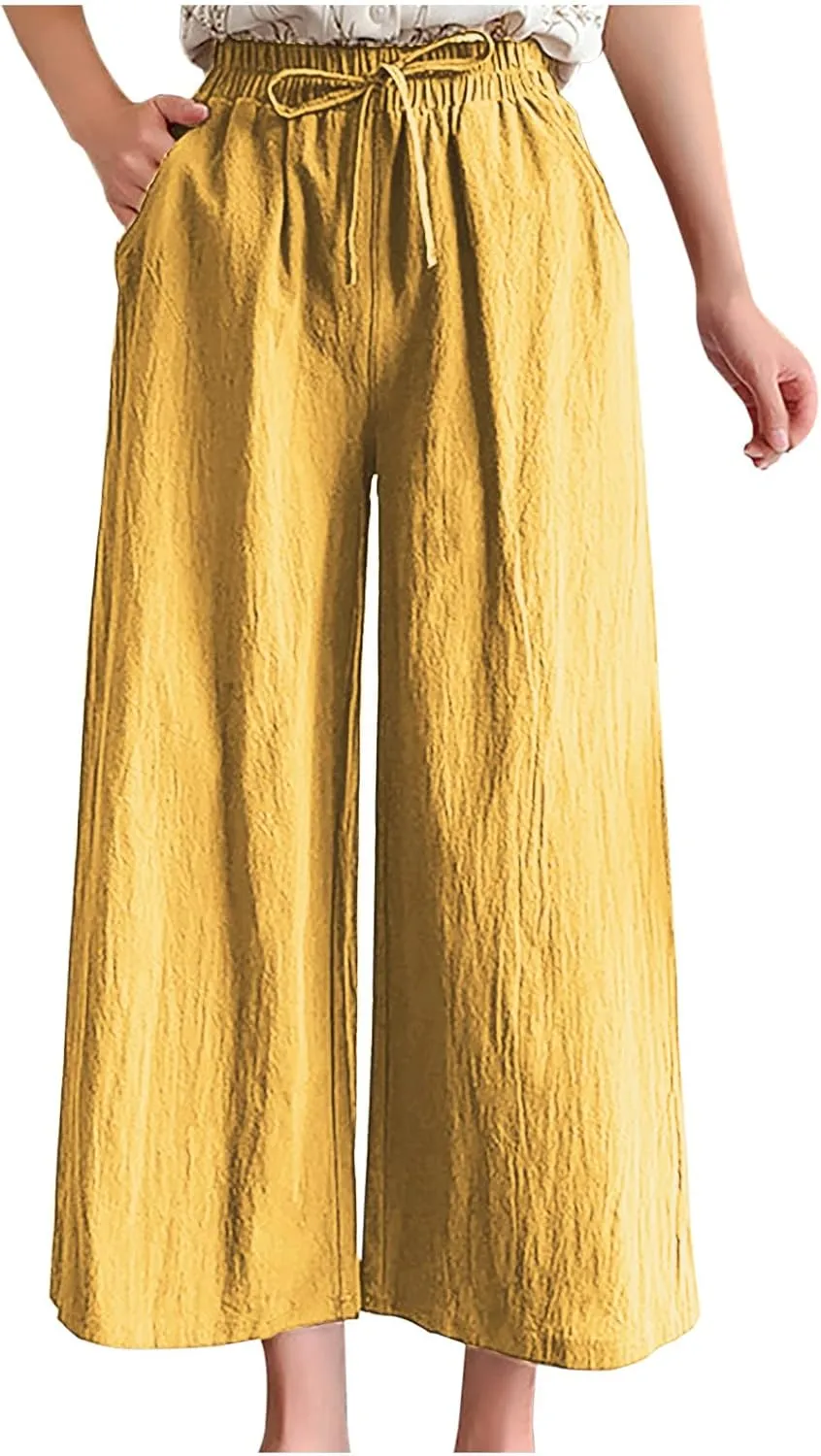 BZGTZT Women Cotton Linen Capri Pants Summer Casual Wide Leg Trousers Elastic Waist Drawstring Loose Beach Pants with Pocket