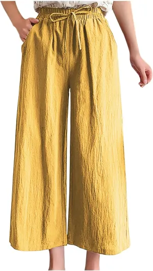 BZGTZT Women Cotton Linen Capri Pants Summer Casual Wide Leg Trousers Elastic Waist Drawstring Loose Beach Pants with Pocket