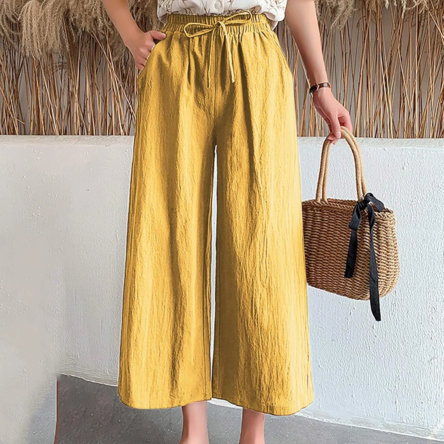 BZGTZT Women Cotton Linen Capri Pants Summer Casual Wide Leg Trousers Elastic Waist Drawstring Loose Beach Pants with Pocket