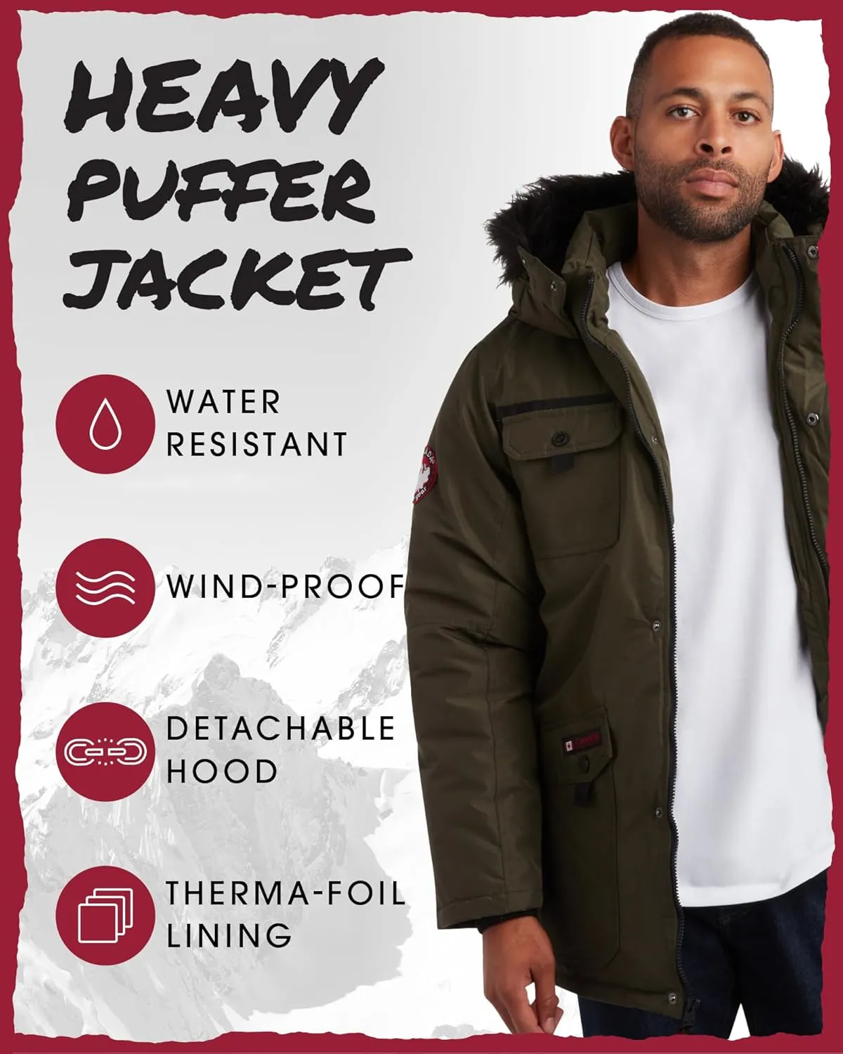 CANADA WEATHER GEAR Men's Parka - Heavyweight Ripstop Insulated ThermaFoil Lined Puffer Winter Jacket for Men (M-XXL)