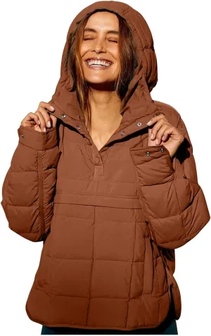 Canbebig Lightweight Puffer Jacket Women Quilted Pullover Puffer Jacket Packable Down Coat Oversized Hoodies Warm Winter Coat