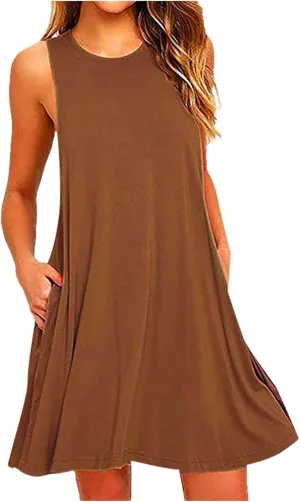Canbebig Summer Dresses for Women Beach Solid Tshirt Sundress Sleeveless Casual Loose Swing Short Tank Dress with Pockets