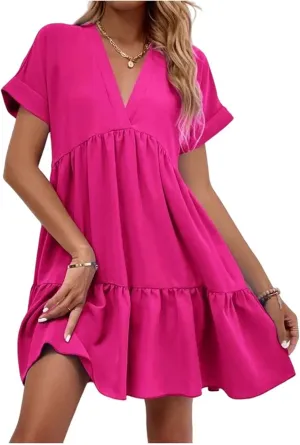 Canbebig Women's Roll Up Short Sleeve V Neck Ruffle Hem Solid Swing Smock Dress Casual Loose Fit Mini Dress Summer Beach Wear