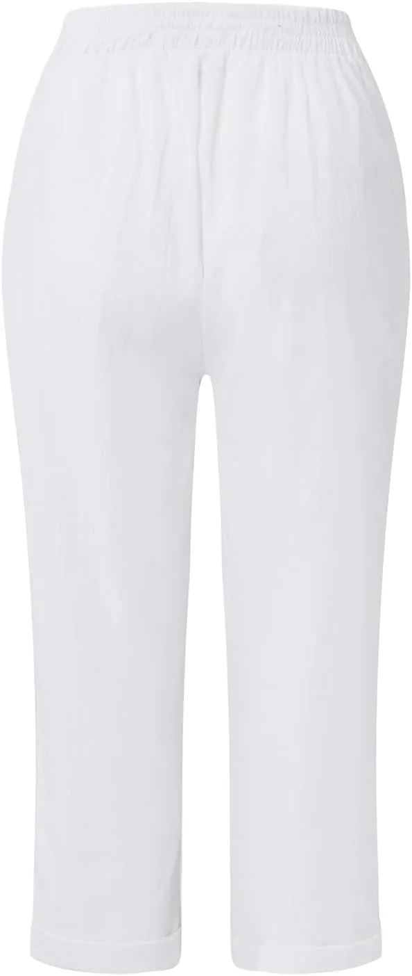 Capri Linen Pants for Women Petite Wide Leg Linen Pants Casual Loose Fit High Waisted Pants with Drawstrings