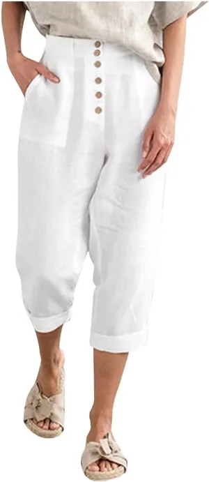 Capri Linen Pants for Women Petite Wide Leg Linen Pants Casual Loose Fit High Waisted Pants with Drawstrings
