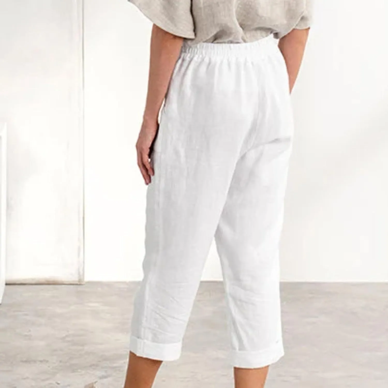 Capri Linen Pants for Women Petite Wide Leg Linen Pants Casual Loose Fit High Waisted Pants with Drawstrings
