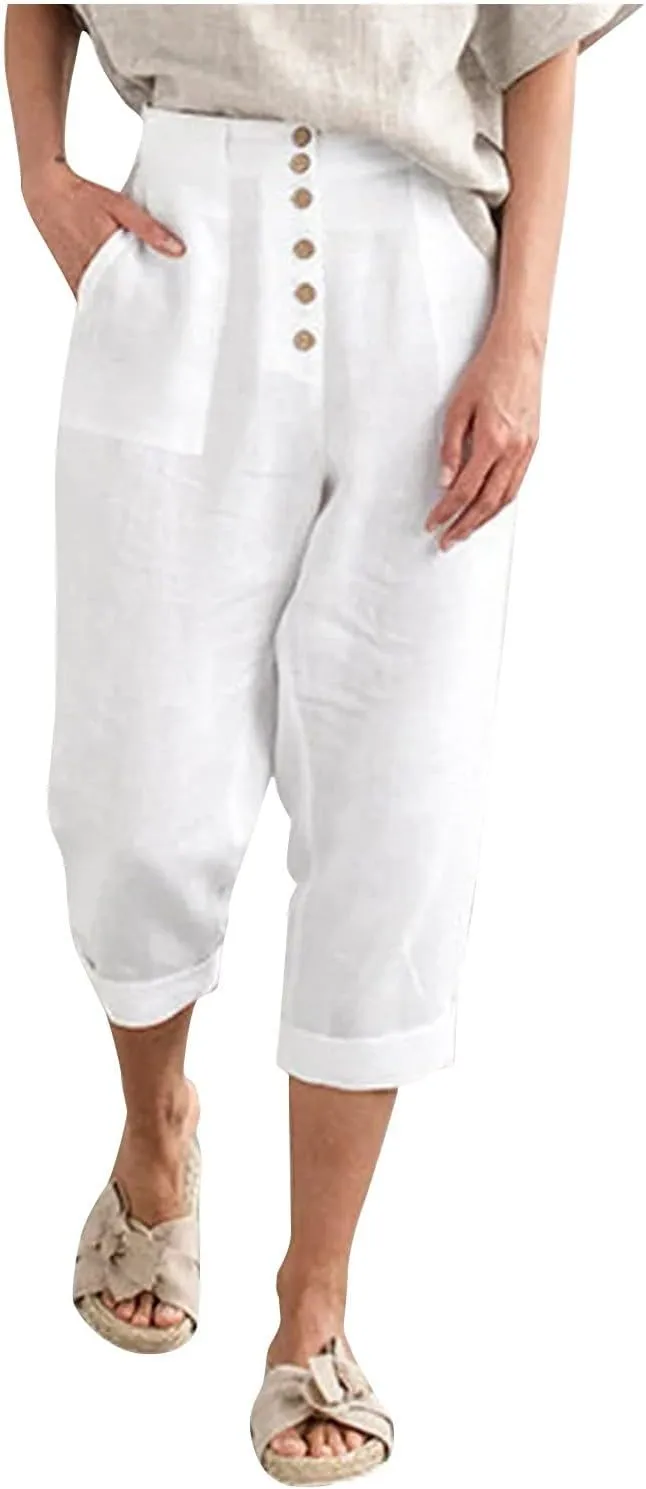 Capri Linen Pants for Women Petite Wide Leg Linen Pants Casual Loose Fit High Waisted Pants with Drawstrings