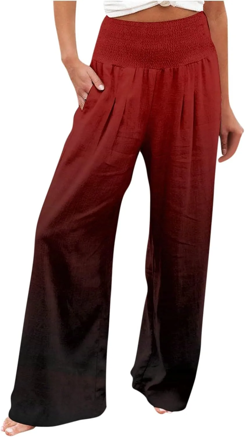 Capri Linen Pants for Women Petite Wide Leg Linen Pants Casual Loose Fit High Waisted Pants with Drawstrings