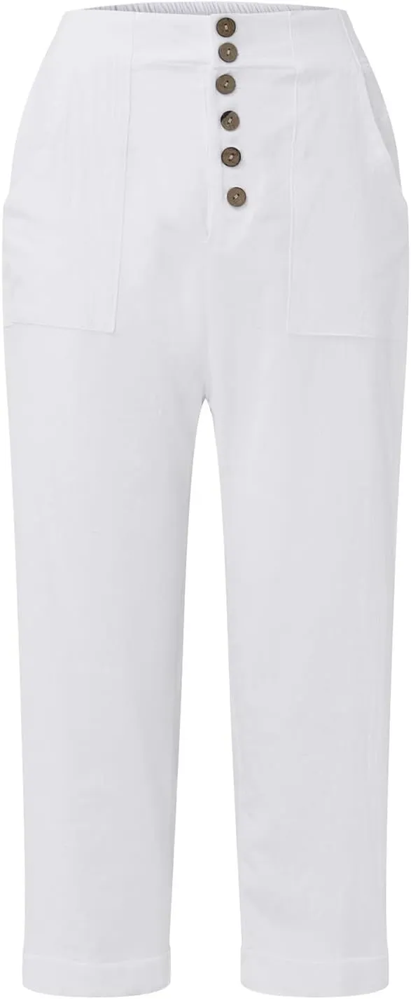 Capri Linen Pants for Women Petite Wide Leg Linen Pants Casual Loose Fit High Waisted Pants with Drawstrings