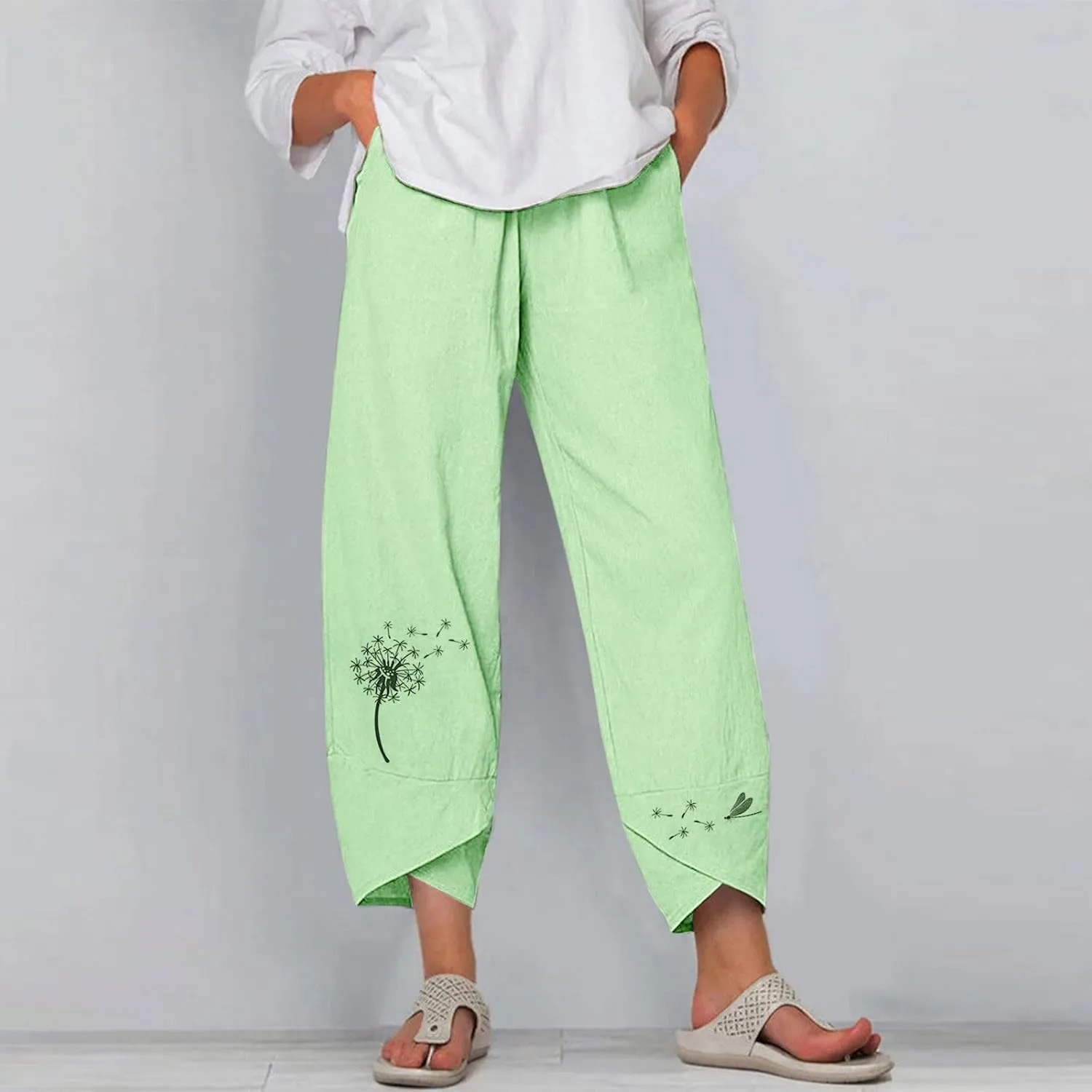 Capri Pants for Women Boho Summer Elastic Waist Casual Pants Butterfly Lightweight Straight Leg Trousers
