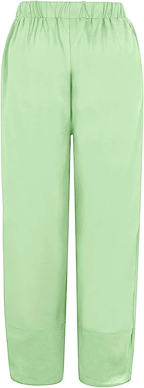 Capri Pants for Women Boho Summer Elastic Waist Casual Pants Butterfly Lightweight Straight Leg Trousers