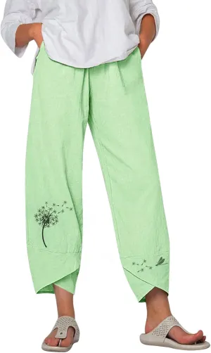 Capri Pants for Women Boho Summer Elastic Waist Casual Pants Butterfly Lightweight Straight Leg Trousers