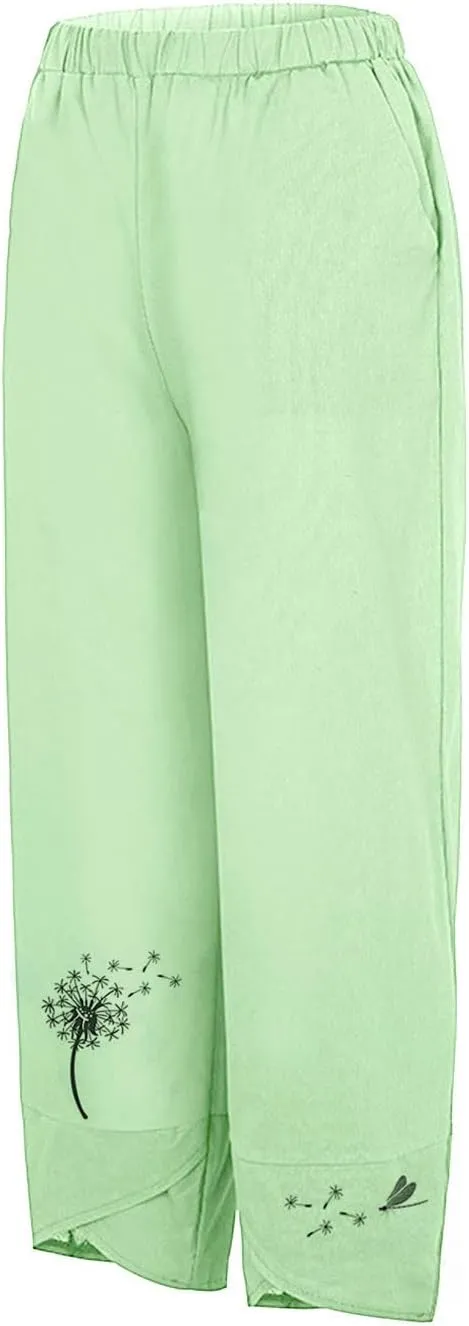 Capri Pants for Women Boho Summer Elastic Waist Casual Pants Butterfly Lightweight Straight Leg Trousers