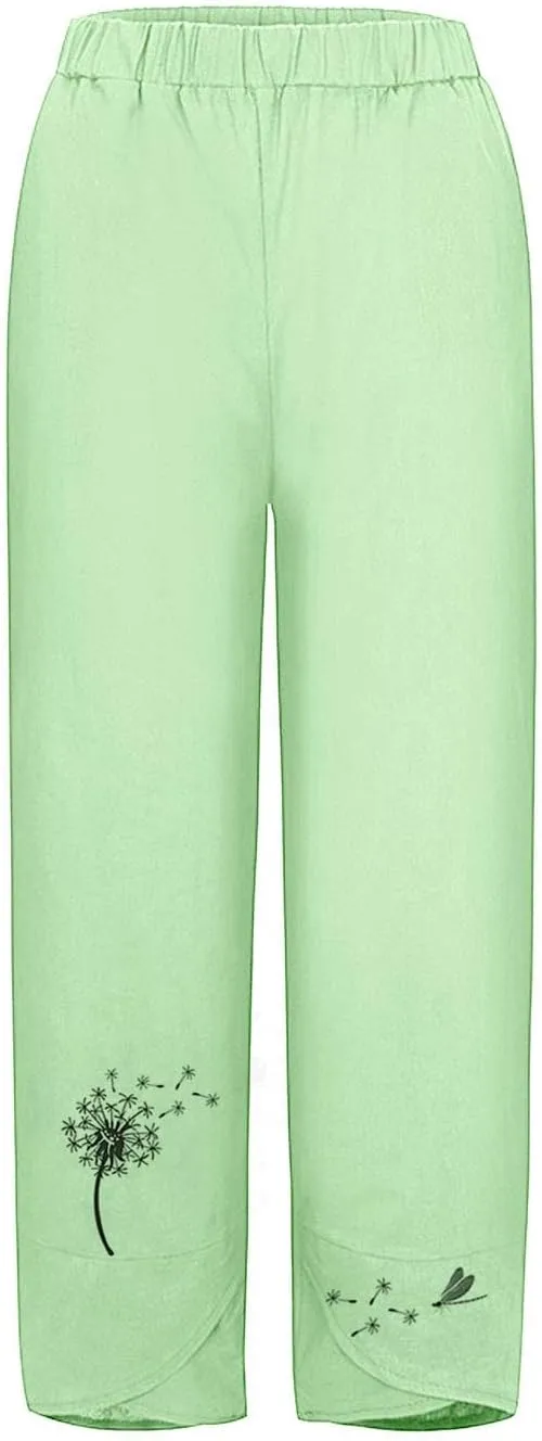 Capri Pants for Women Boho Summer Elastic Waist Casual Pants Butterfly Lightweight Straight Leg Trousers