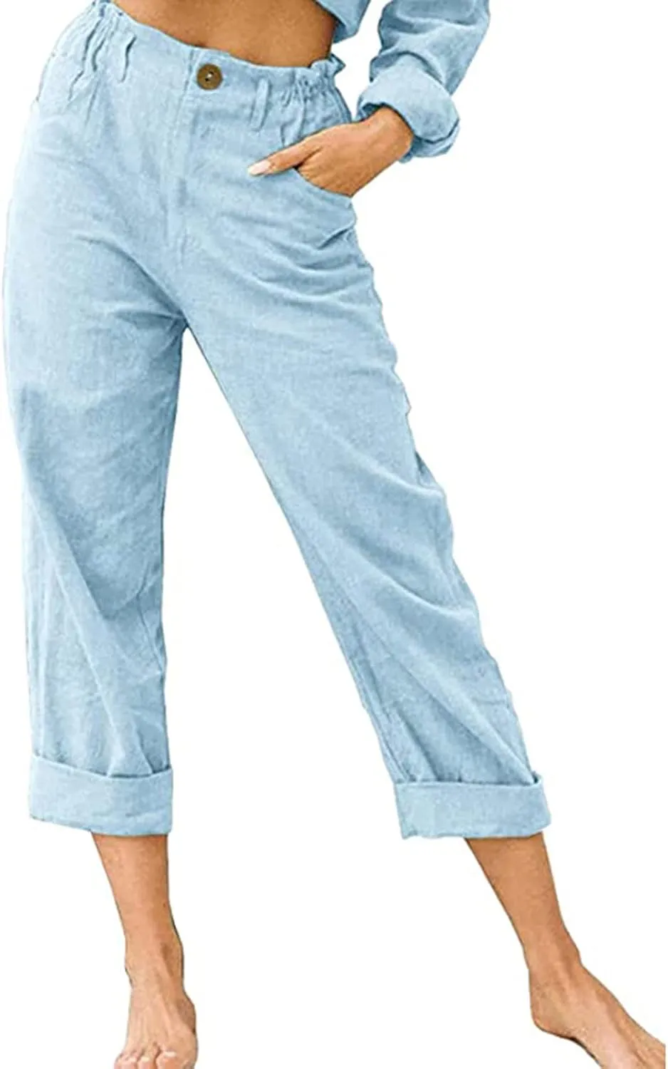 Capri Pants for Women Casual 2024 Summer Drawstring Elastic Waist Cotton Linen Pant Straight Leg Cropped Trousers