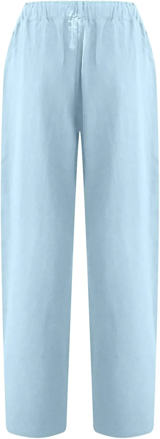 Capri Pants for Women Casual 2024 Summer Drawstring Elastic Waist Cotton Linen Pant Straight Leg Cropped Trousers