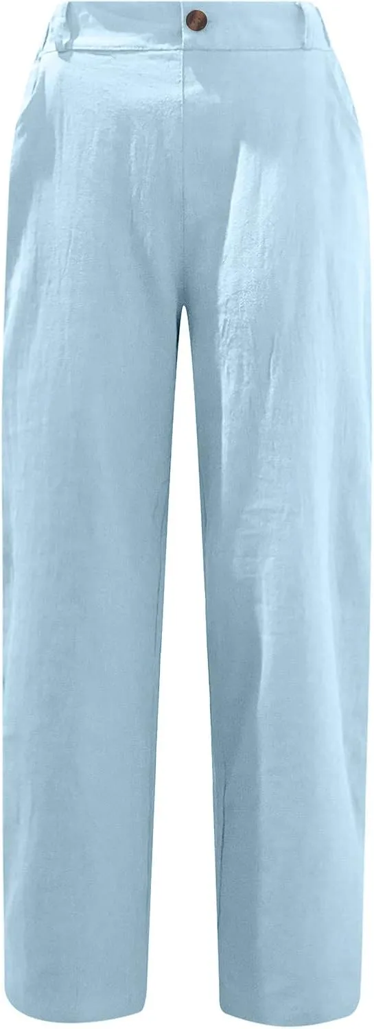 Capri Pants for Women Casual 2024 Summer Drawstring Elastic Waist Cotton Linen Pant Straight Leg Cropped Trousers