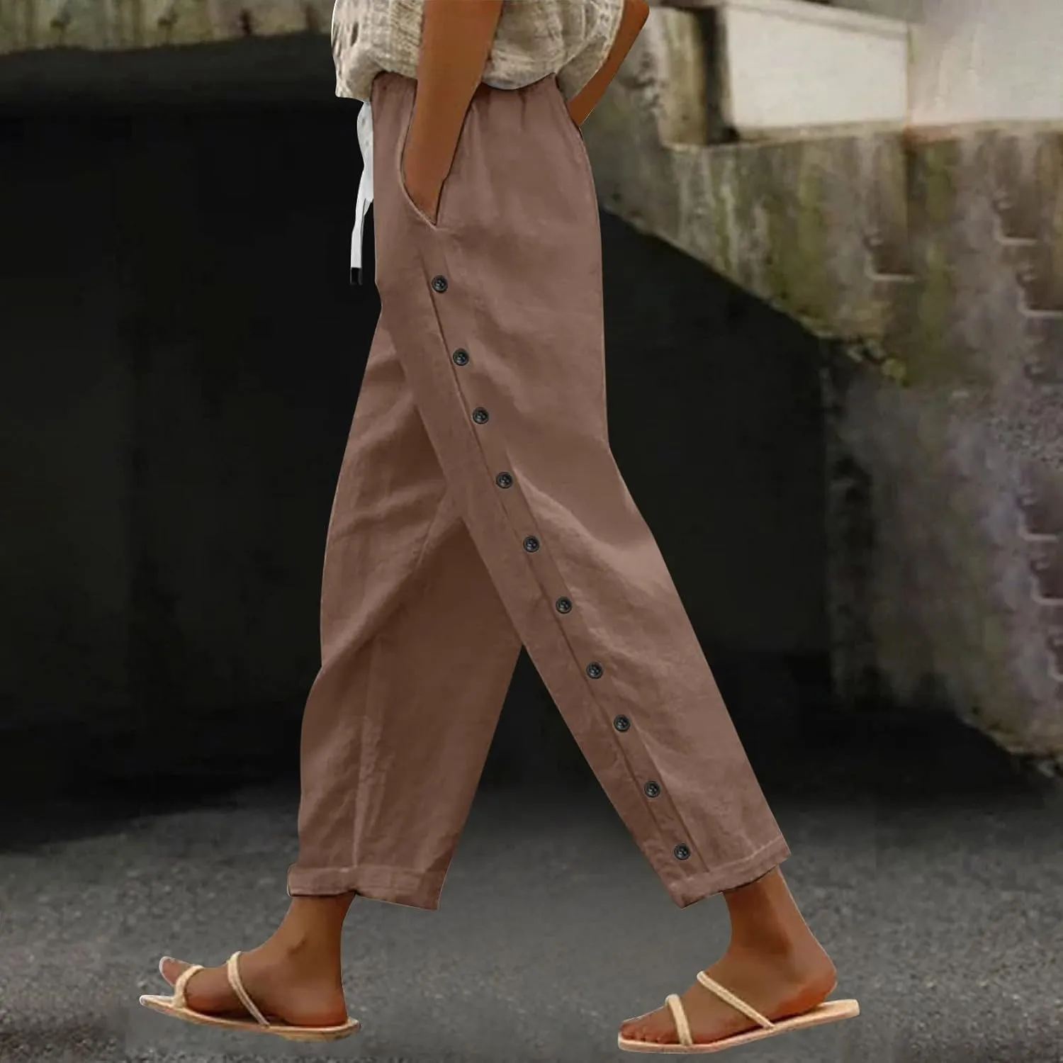 Capri Pants for Women Cotton Linen Capris with Pockets Drawstring Elastic Waisted Side Button Casual Cropped Pants