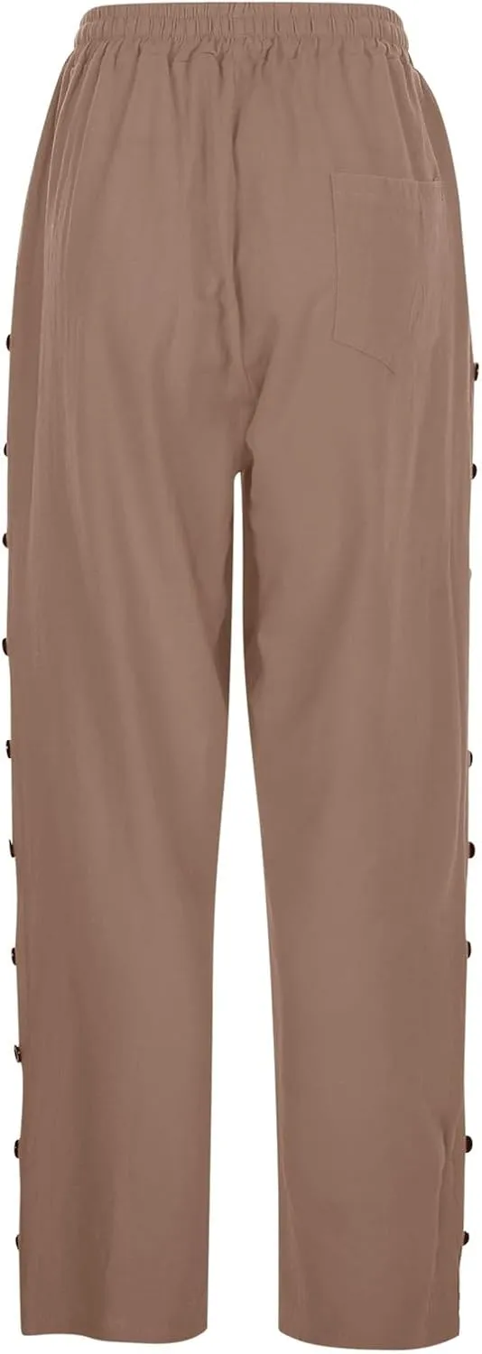 Capri Pants for Women Cotton Linen Capris with Pockets Drawstring Elastic Waisted Side Button Casual Cropped Pants