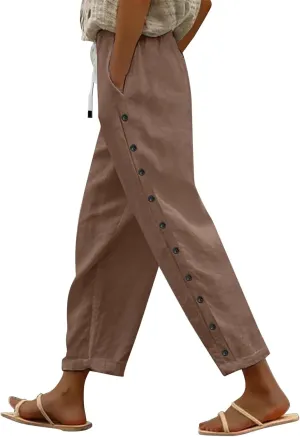 Capri Pants for Women Cotton Linen Capris with Pockets Drawstring Elastic Waisted Side Button Casual Cropped Pants