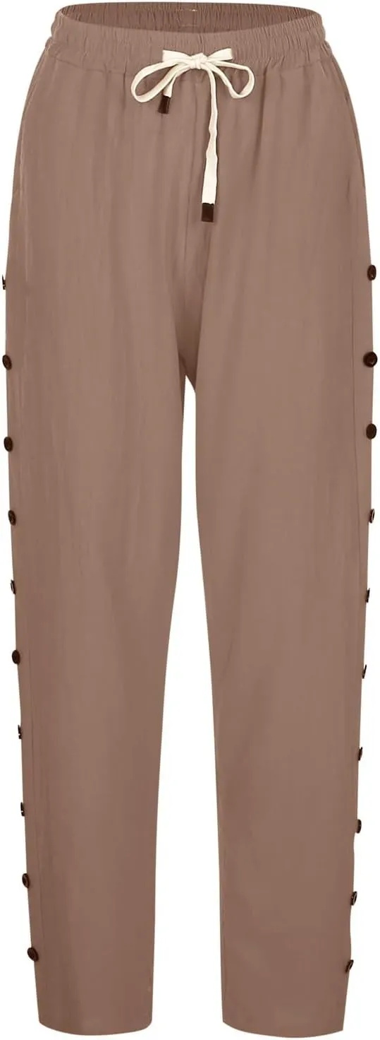 Capri Pants for Women Cotton Linen Capris with Pockets Drawstring Elastic Waisted Side Button Casual Cropped Pants