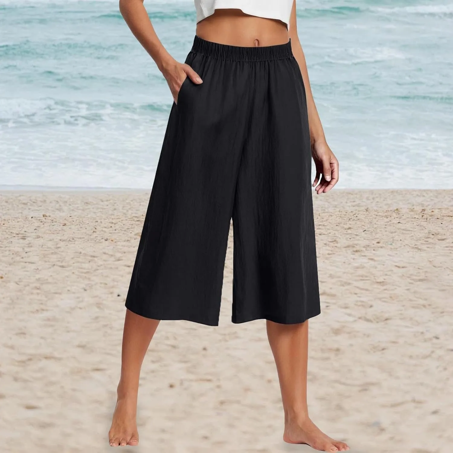 Capri Pants for Women High Waisted Wide Leg Linen Palazzo Trousers Pull On Elastic Smock Waist Loose Flowy Pants