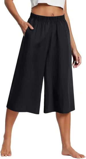 Capri Pants for Women High Waisted Wide Leg Linen Palazzo Trousers Pull On Elastic Smock Waist Loose Flowy Pants