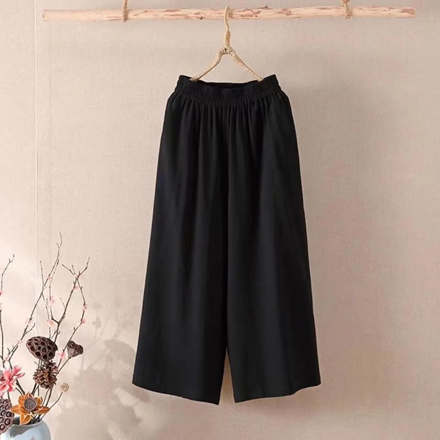 Capri Pants for Women High Waisted Wide Leg Linen Palazzo Trousers Pull On Elastic Smock Waist Loose Flowy Pants