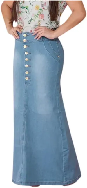 Casual Button-Fly Maxi Denim Skirts for Women A-Line Slim Fit Stretch High Waisted Butt Lifting Washed Long Jean Skirts