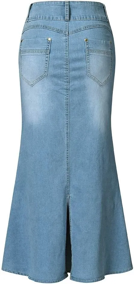 Casual Button-Fly Maxi Denim Skirts for Women A-Line Slim Fit Stretch High Waisted Butt Lifting Washed Long Jean Skirts