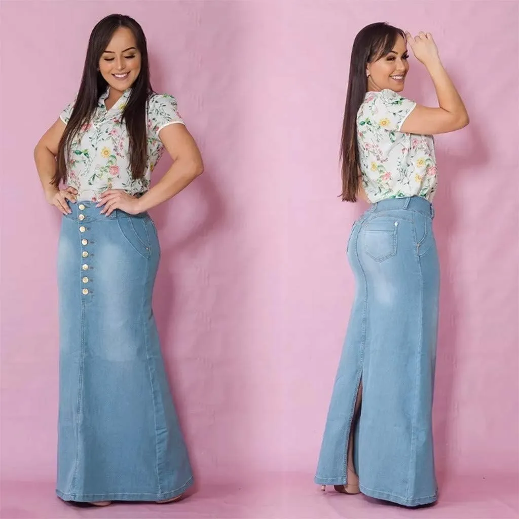 Casual Button-Fly Maxi Denim Skirts for Women A-Line Slim Fit Stretch High Waisted Butt Lifting Washed Long Jean Skirts