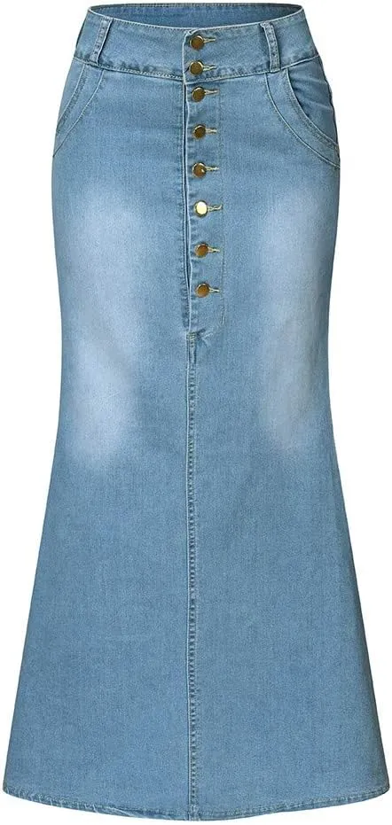 Casual Button-Fly Maxi Denim Skirts for Women A-Line Slim Fit Stretch High Waisted Butt Lifting Washed Long Jean Skirts