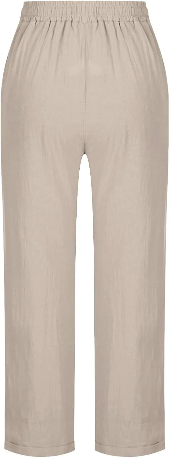 Casual Cotton Linen Pants Women Elastic High Waist Drawstring Tapered Leg Joggers Trousers Summer Beach Lounge Pants
