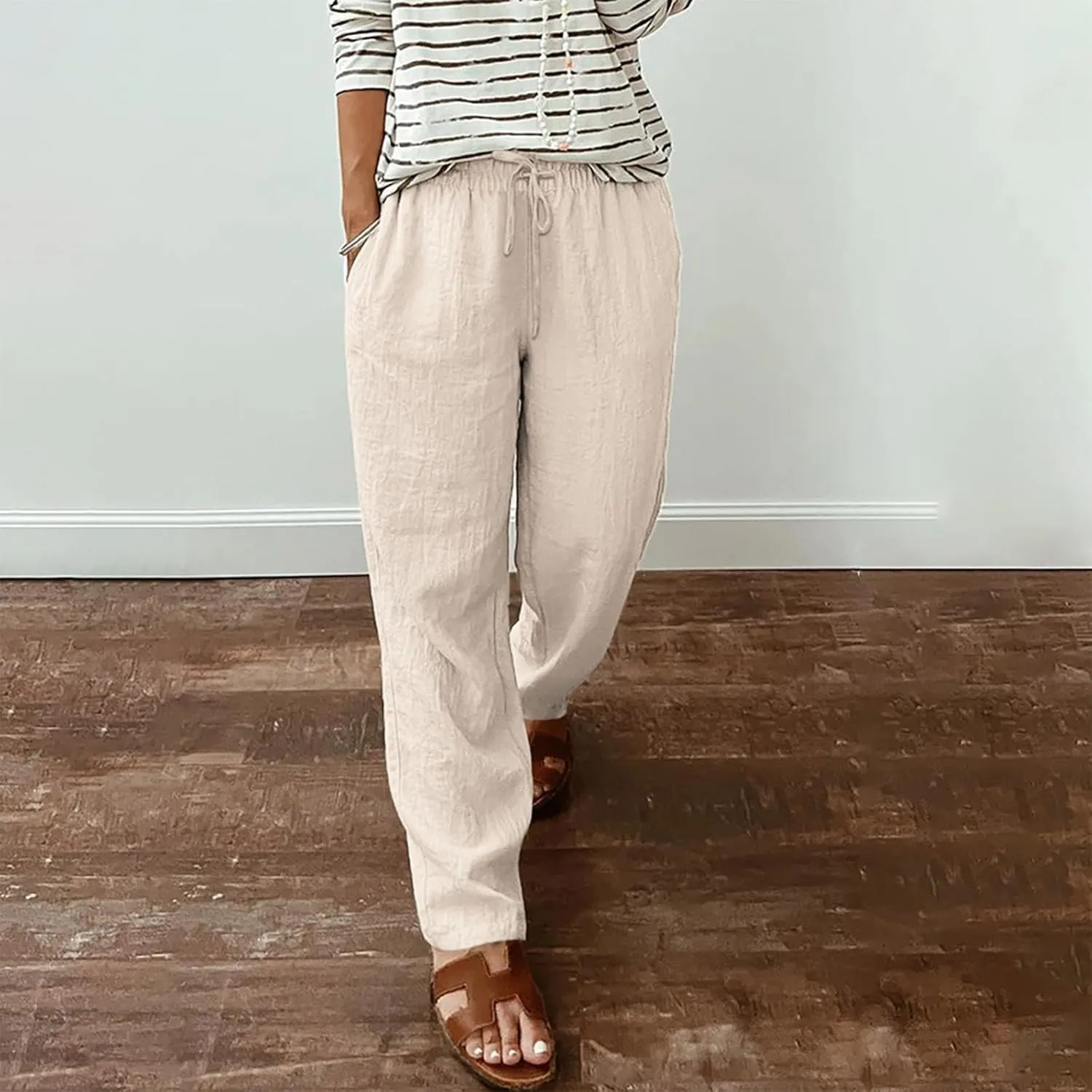 Casual Cotton Linen Pants Women Elastic High Waist Drawstring Tapered Leg Joggers Trousers Summer Beach Lounge Pants