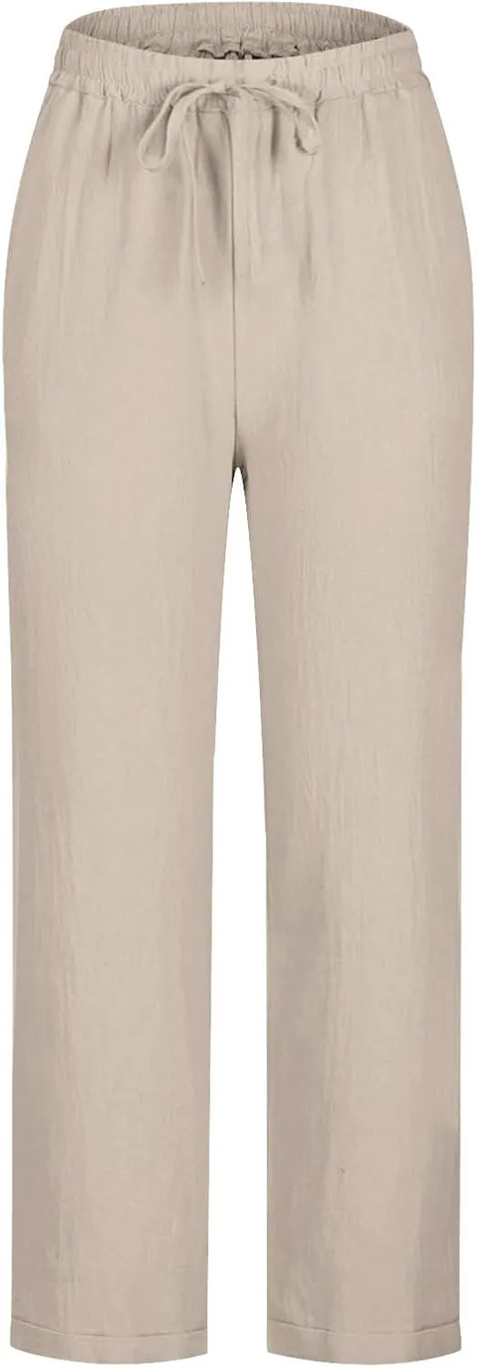 Casual Cotton Linen Pants Women Elastic High Waist Drawstring Tapered Leg Joggers Trousers Summer Beach Lounge Pants