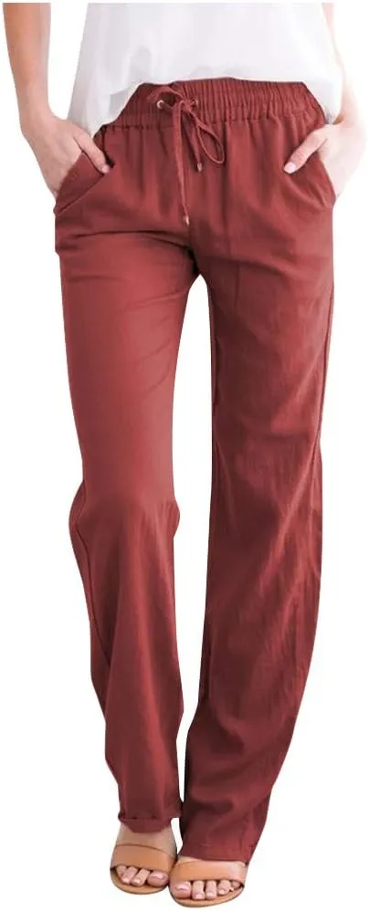 Casual Linen Pants for Women Summer Palazzo Dress Pants Wide Leg Loose Comfy Slacks with Pocket Flowy Long Trousers