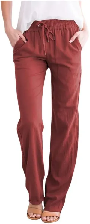 Casual Linen Pants for Women Summer Palazzo Dress Pants Wide Leg Loose Comfy Slacks with Pocket Flowy Long Trousers