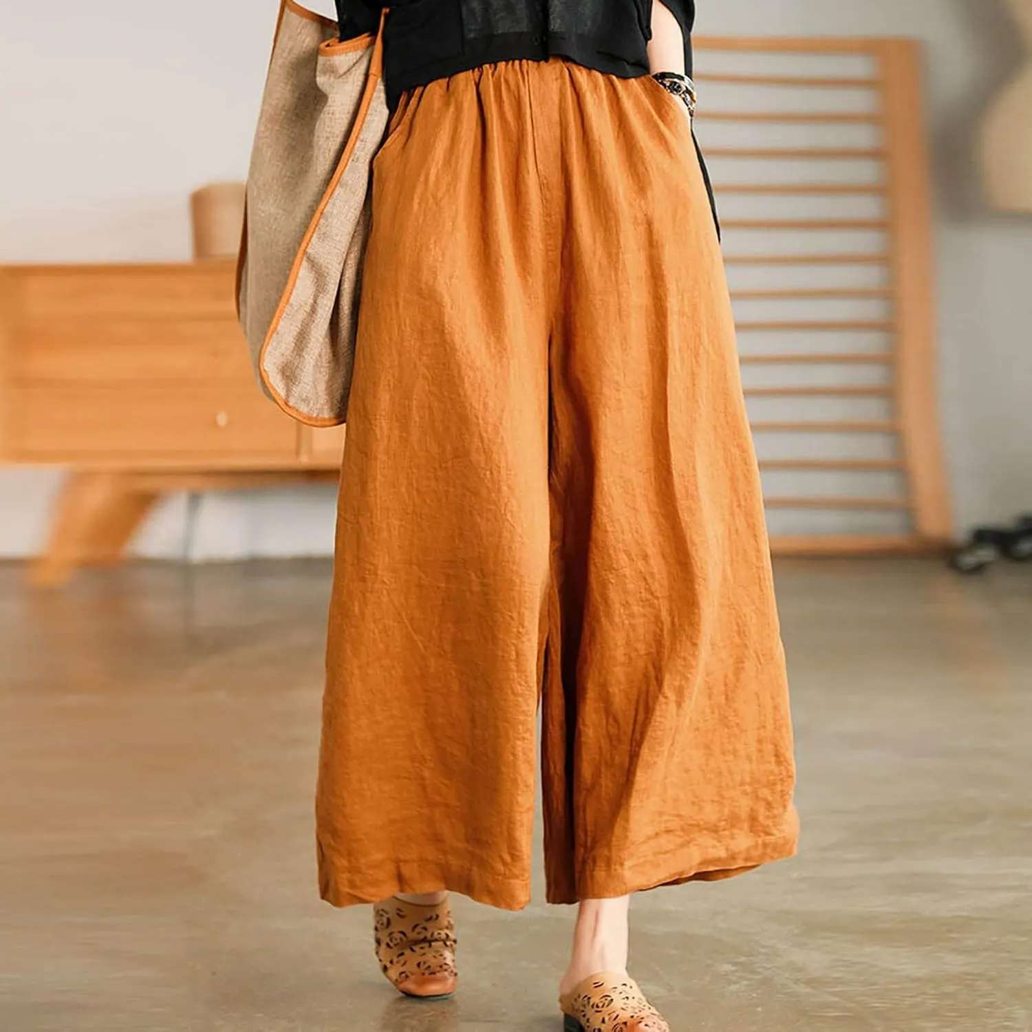 Ceboyel Wide Legged Pants for Women Cotton Linen Palazzo Trousers Boho Casual Capris Summer Crop Pants with Pockets