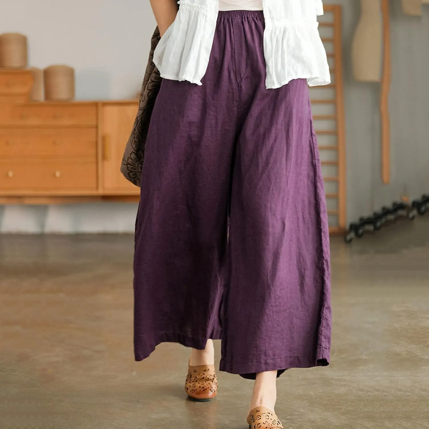 Ceboyel Wide Legged Pants for Women Cotton Linen Palazzo Trousers Boho Casual Capris Summer Crop Pants with Pockets