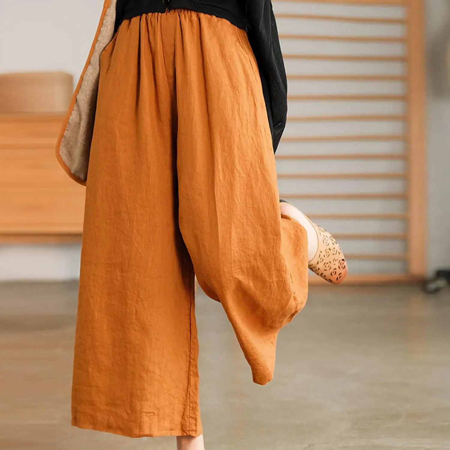 Ceboyel Wide Legged Pants for Women Cotton Linen Palazzo Trousers Boho Casual Capris Summer Crop Pants with Pockets