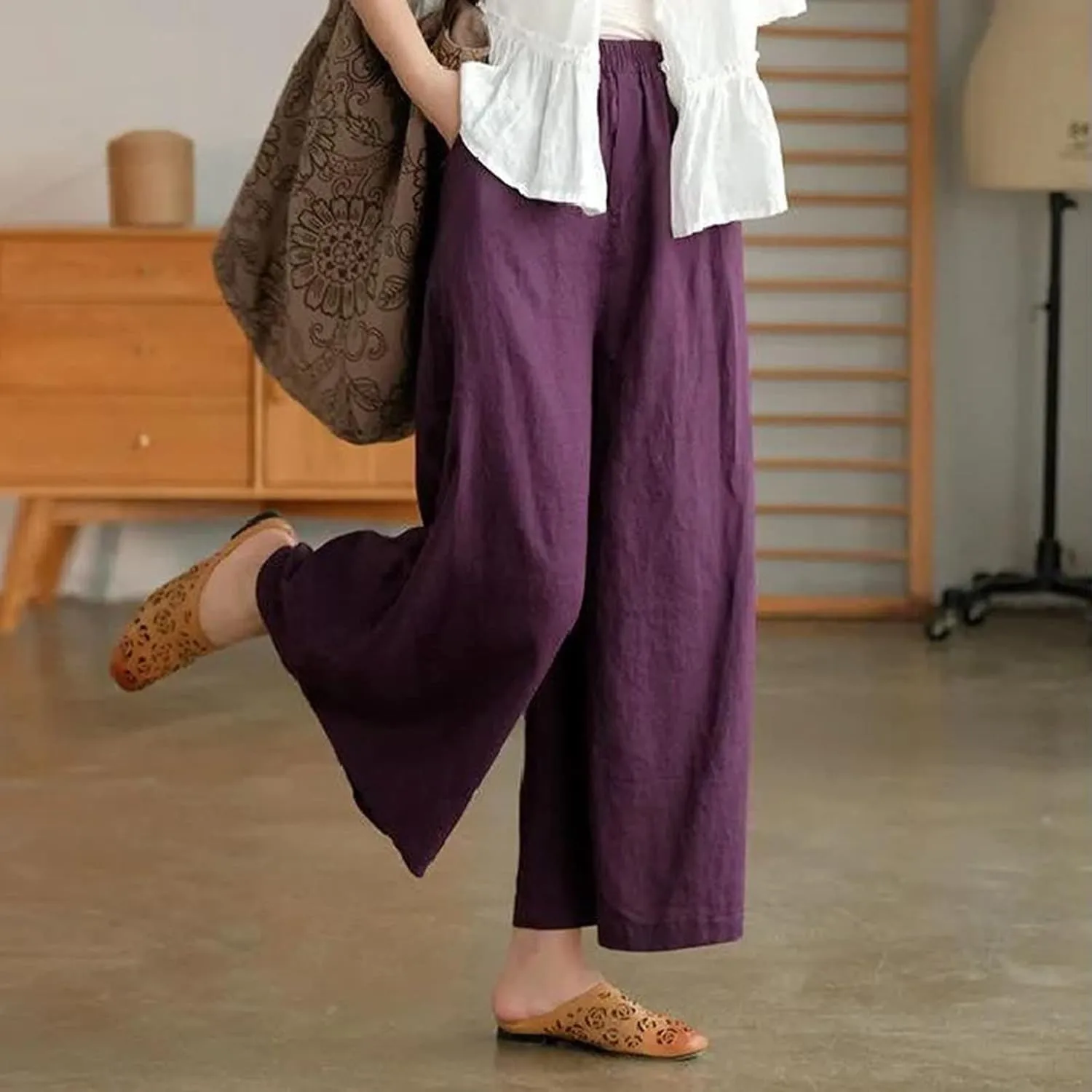 Ceboyel Wide Legged Pants for Women Cotton Linen Palazzo Trousers Boho Casual Capris Summer Crop Pants with Pockets