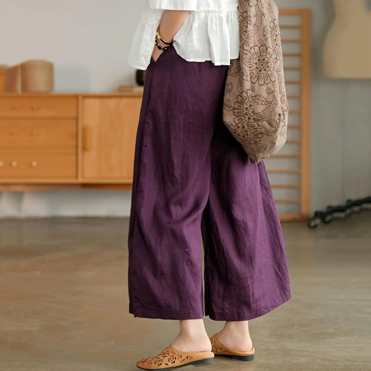 Ceboyel Wide Legged Pants for Women Cotton Linen Palazzo Trousers Boho Casual Capris Summer Crop Pants with Pockets