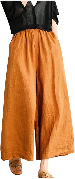 Ceboyel Wide Legged Pants for Women Cotton Linen Palazzo Trousers Boho Casual Capris Summer Crop Pants with Pockets