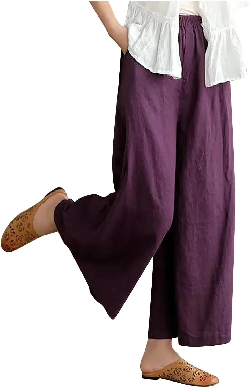 Ceboyel Wide Legged Pants for Women Cotton Linen Palazzo Trousers Boho Casual Capris Summer Crop Pants with Pockets