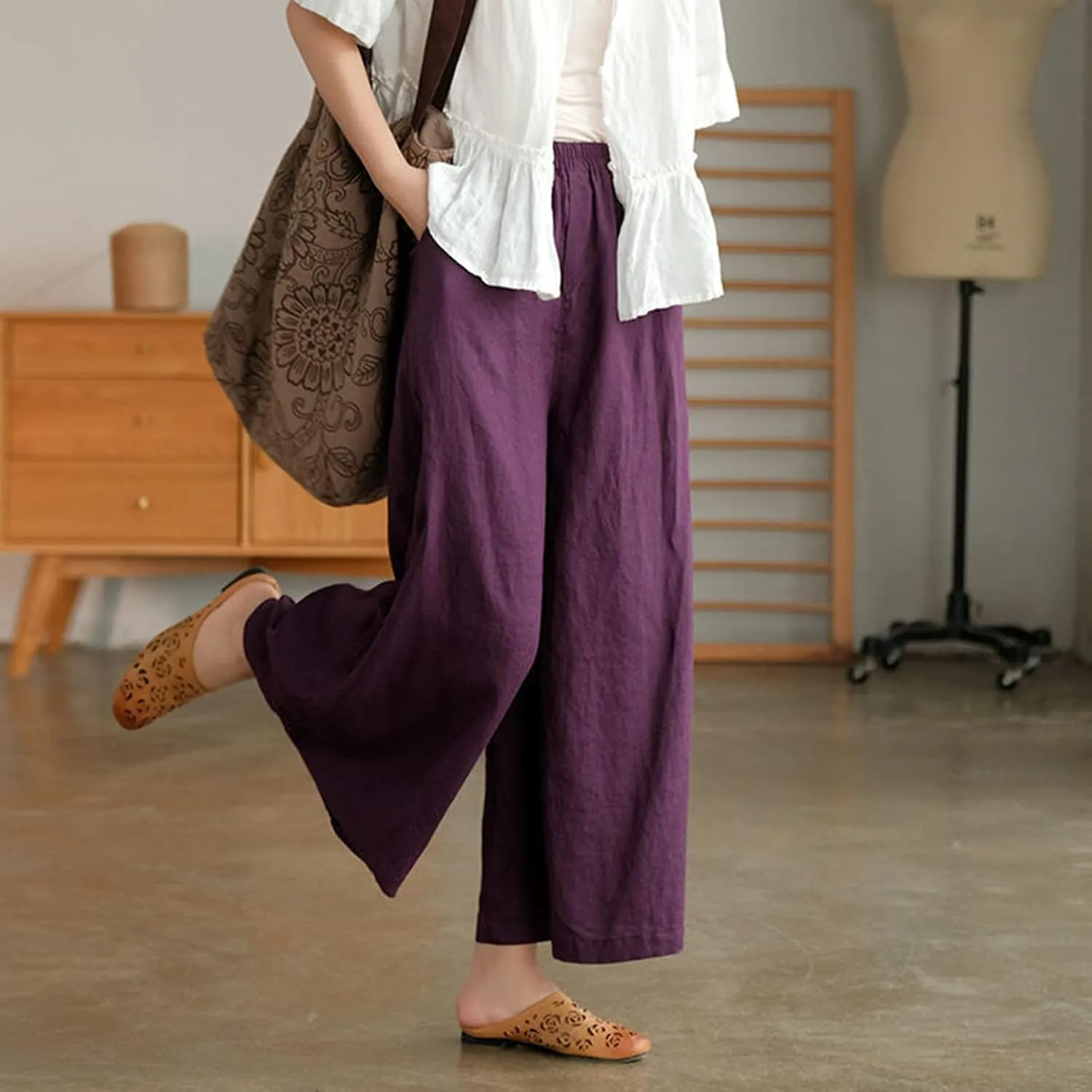 Ceboyel Wide Legged Pants for Women Cotton Linen Palazzo Trousers Boho Casual Capris Summer Crop Pants with Pockets