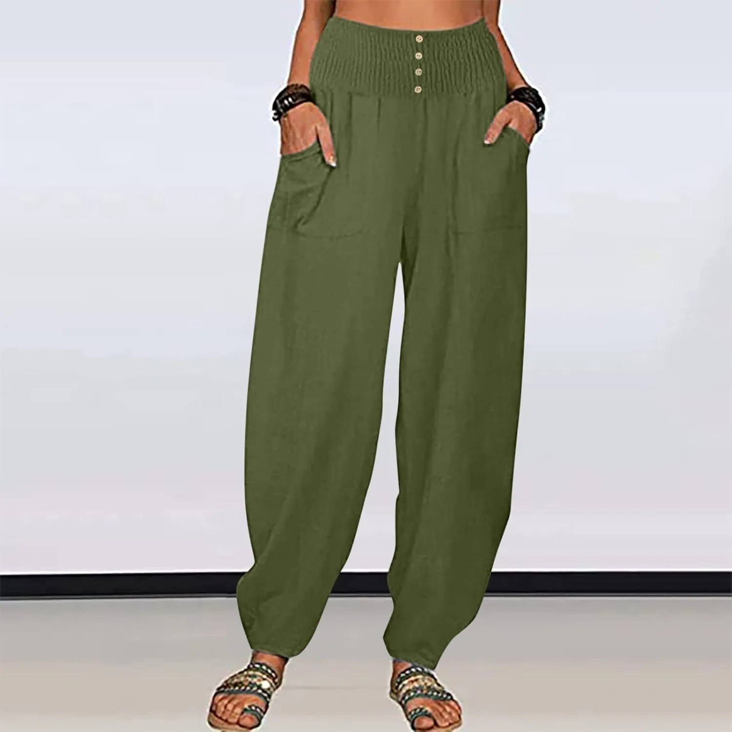 Ceboyel Women Lantern Linen Pants High Elastic Waist Tapered Harem Pants Summer Beach Boho Trouser Trendy Ladies Outfits