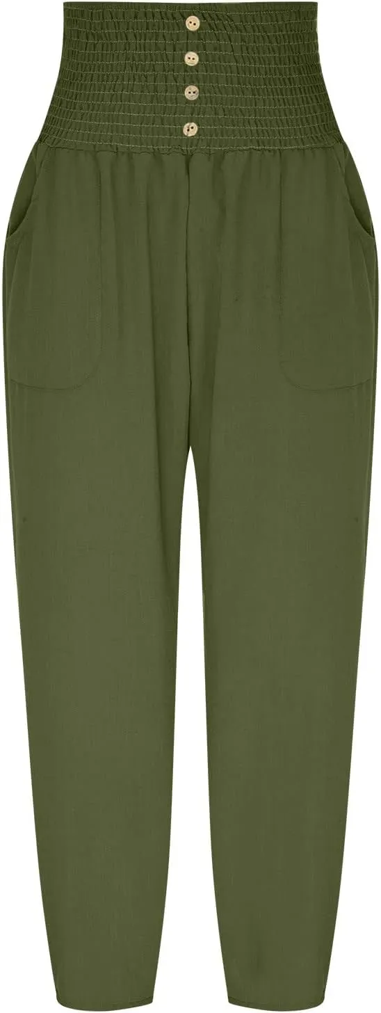 Ceboyel Women Lantern Linen Pants High Elastic Waist Tapered Harem Pants Summer Beach Boho Trouser Trendy Ladies Outfits